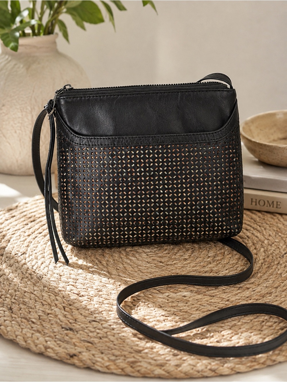 HOBO International Black Leather Perforated Crossbody Bag